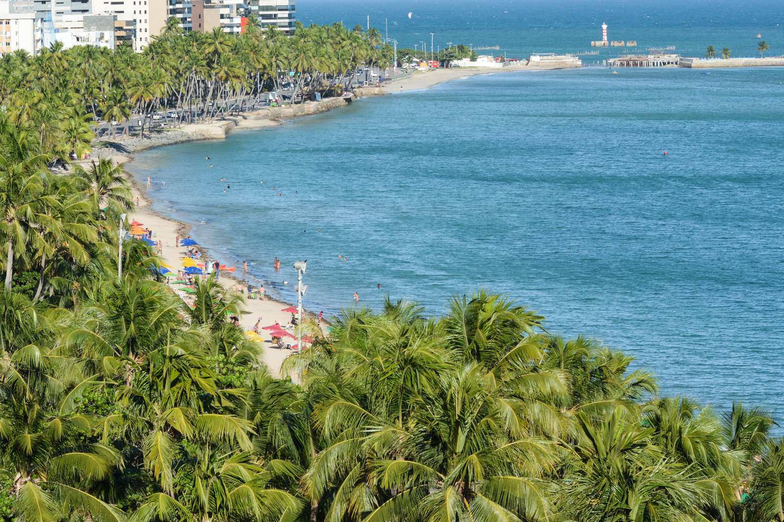 Orla de Pajuçara, em Maceió, vista de cima, com coqueiros, faixa de areia e mar azul-turquesa
